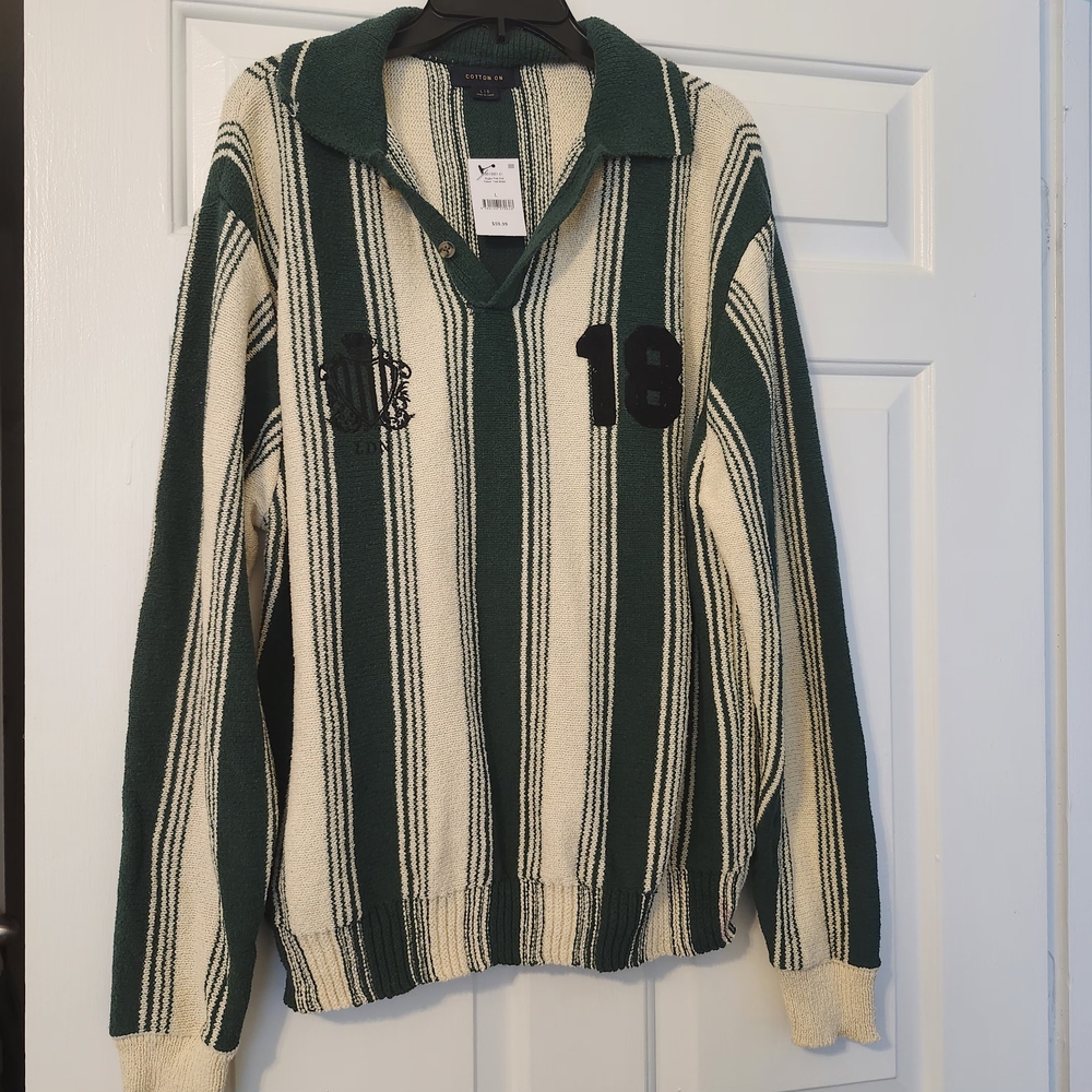 Cotton On V-Neck Green and Cream Striped Sweater